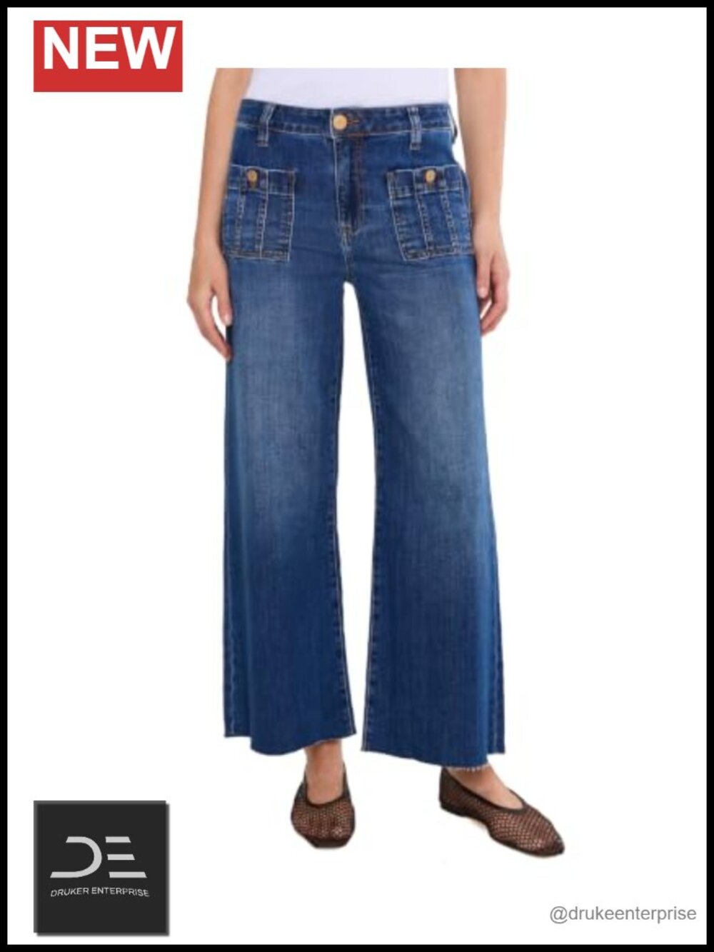 High Rise Wide Leg Raw Hem Jeans with Front Patch Pockets